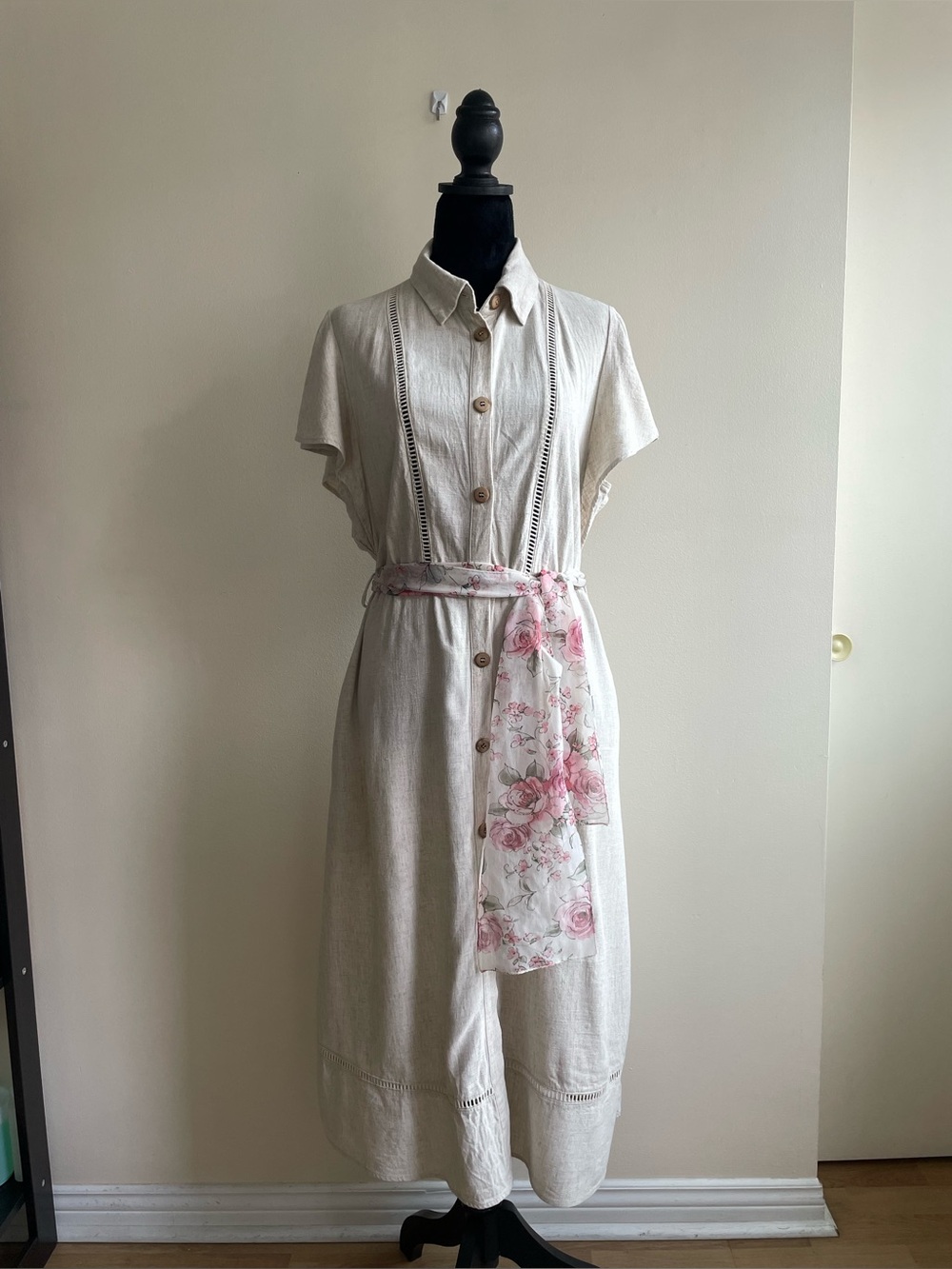 Zara Beige Midi Shirt Dress Floral Belt Pockets Elastic Back Size M
